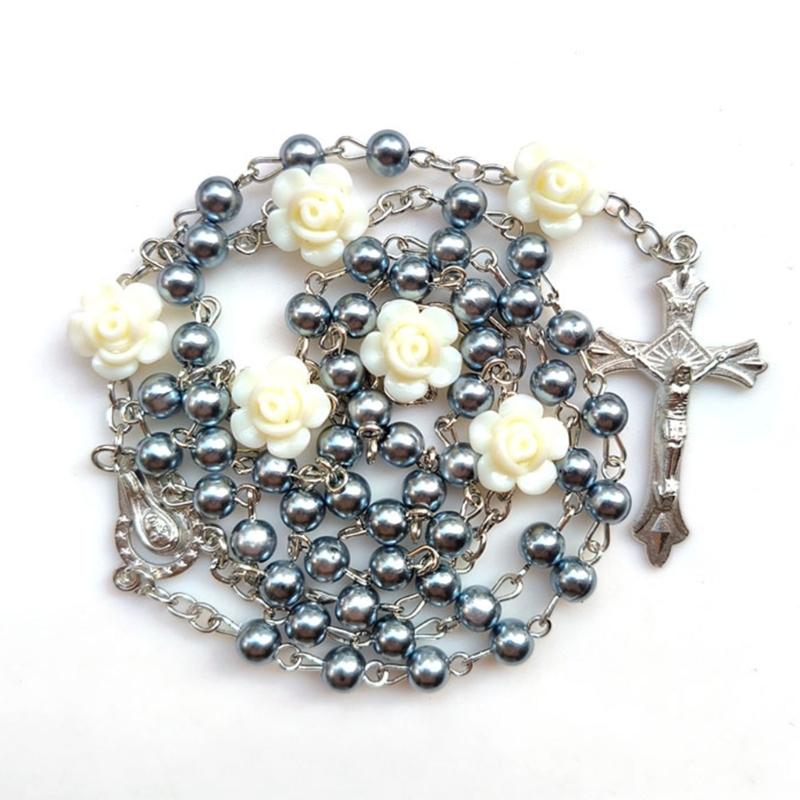 Elegant Rosary Beads Necklace With Glass Pearls and Crucifix Pendant for Prayer and Fashion