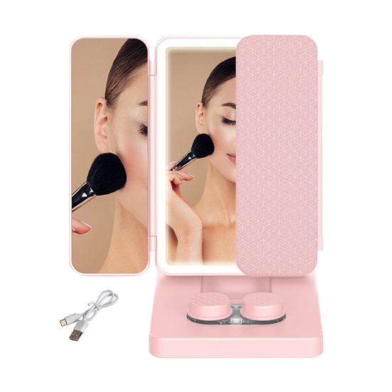 Tri-fold Makeup Mirror with Contact Lens Cleaner 2X/3X Magnifying Rechargeable 3-Color LED Adjustable Vanity Mirror Portable Travel Women Lighted