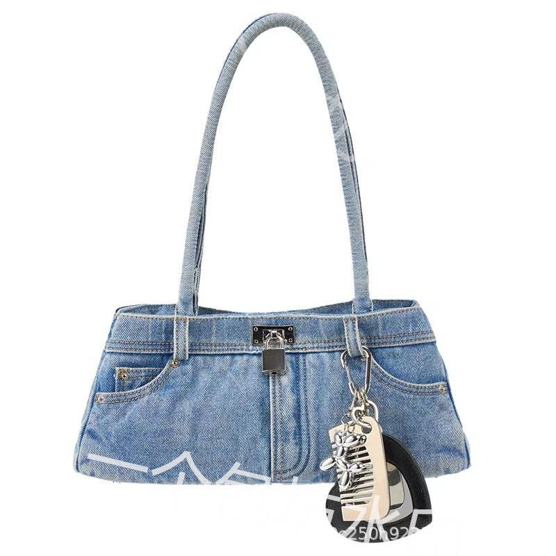 Niche Distressed Washed Denim Baguette Shoulder and Crossbody Bag with Comb Mirror