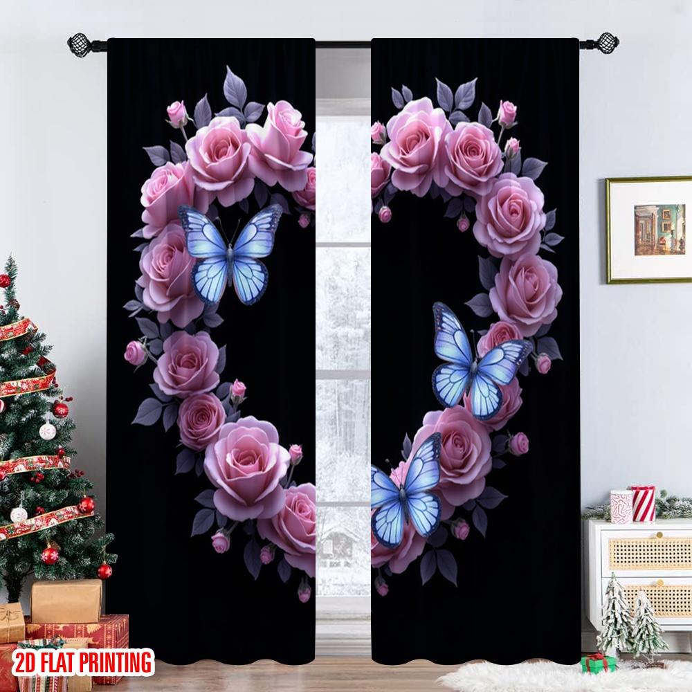 Set Of 2 Flat Printing Window Drapes Neon Heart Butterflies Roses Glow Digital Printed Polyester Birthday Party Curtain Made