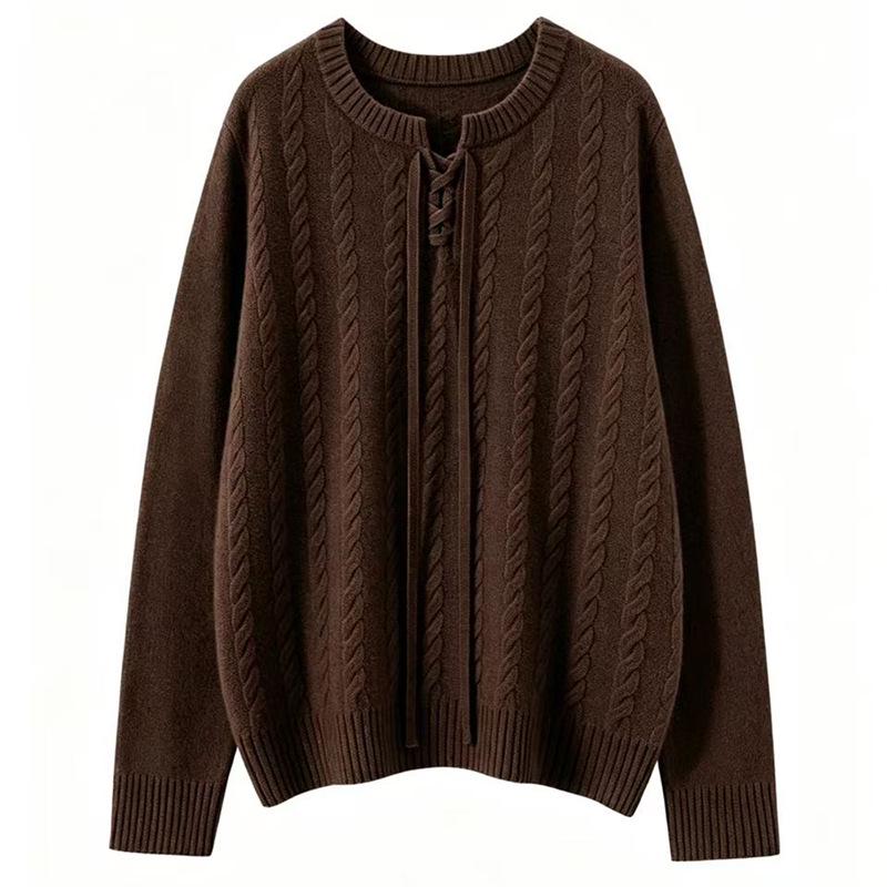 Women's Versatile Cable Knit Sweater - Loose Fit, Soft & Fluffy, Long Sleeve, Lace-Up, Round Neck for Autumn/Winter