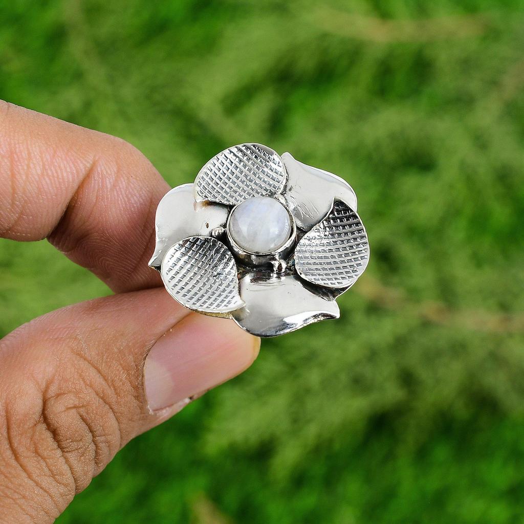 Multi Stone Flower Adjustable Ring 925 Silver Natural Rainbow Moonstone