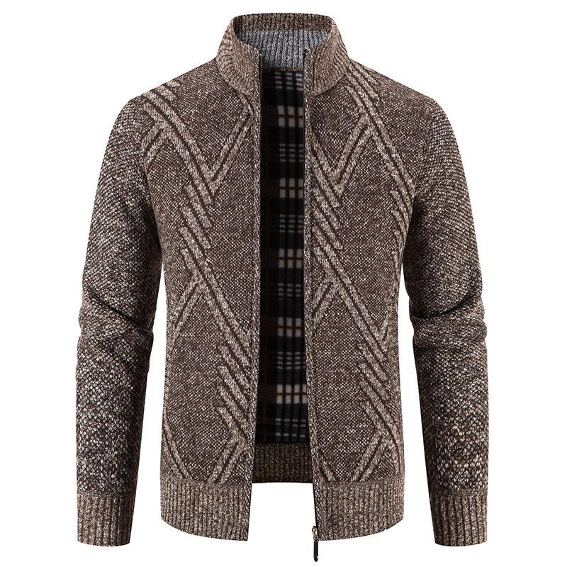 

Men s Striped Stand Collar Cardigan Sweater with Zipper - Autumn/Winter Casual Knitwear Jacket XL кавовий