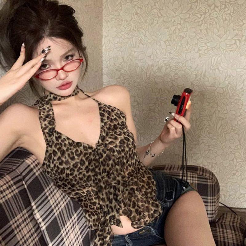 2025 European and American Style Leopard Print Camisole for Women, Spring and Summer Short Irregular Ruffle Top Ls7393 Leopard Print S