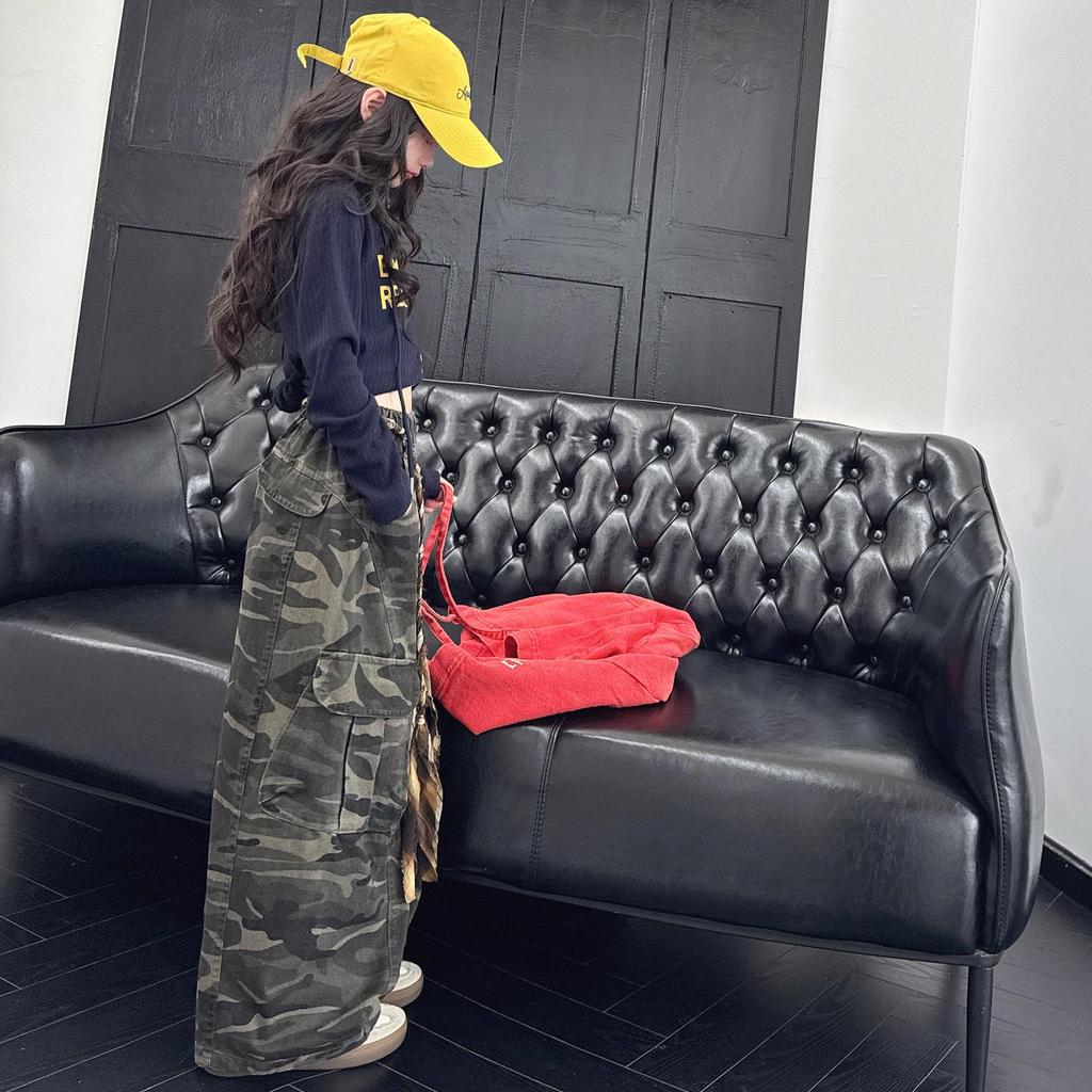 Girls' Retro Camo Waist-Tie Wide Leg Jazz Dance Cargo Pants - 2025 Autumn Fashion