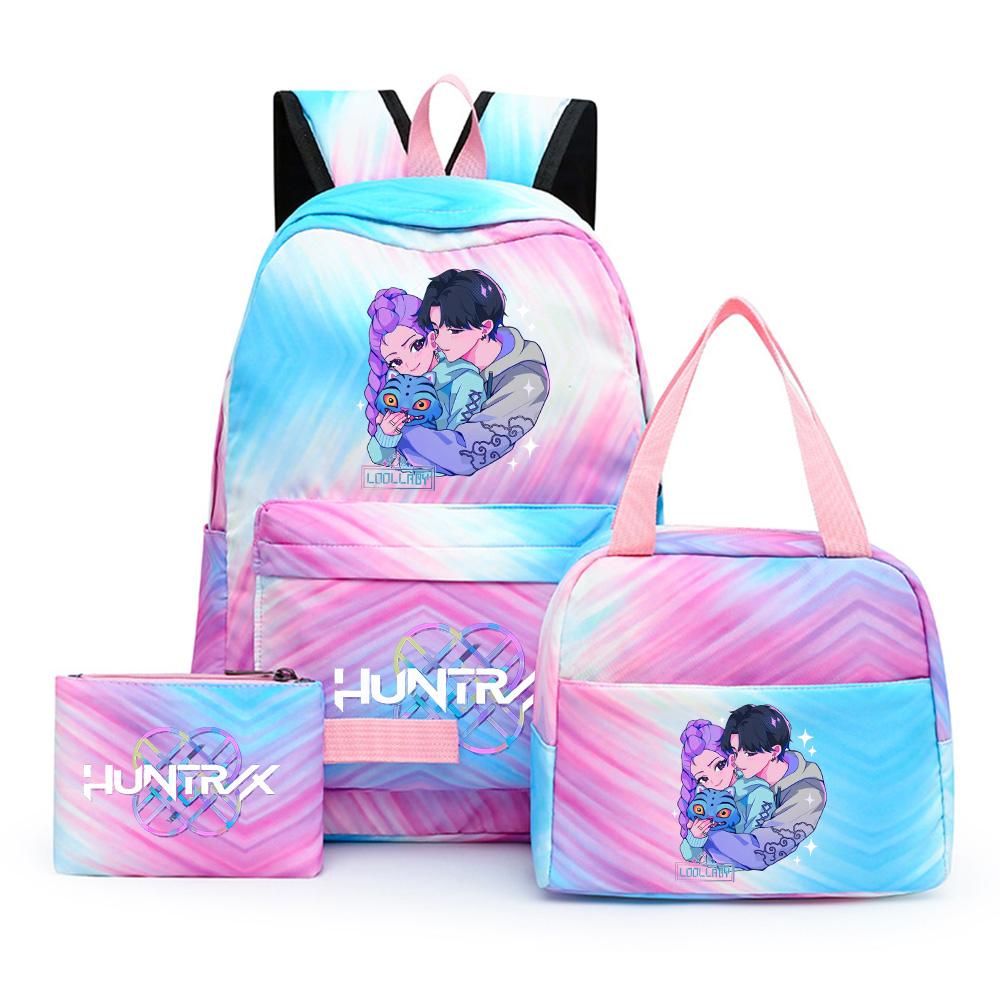3 st/set Anime Söt Kpop Tryckt Ryggsäck med Matlåda Pennfodral för Tonårsflicka Pojke Bokväska Stor Kapacitet vattentät Resväska Barnpresent