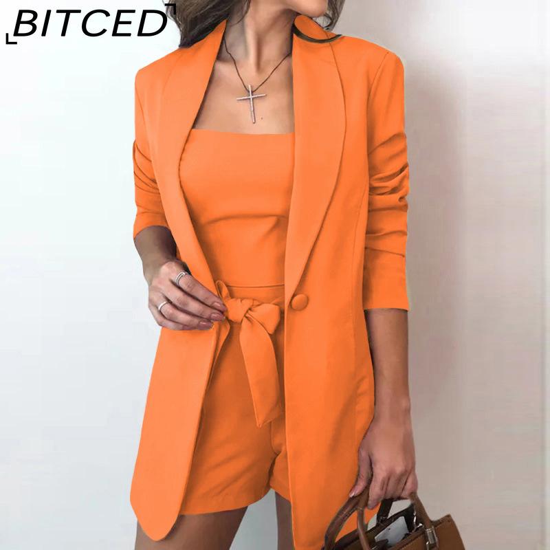 BITCED Spring Summer Solid-color Vest Suit Jacket, Elegant High-waisted Shorts Three-piece Women's Wear