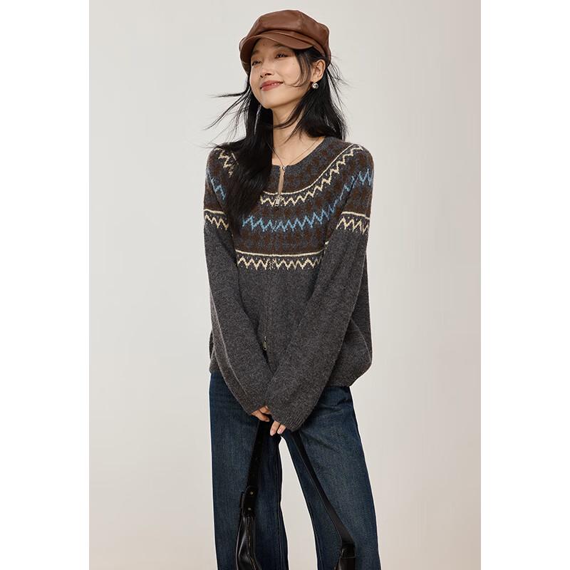 VICTORIA&VERA Women's Winter Fair Isle Retro Round Neck Knit Sweater with Double Zipper