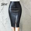 Versatile Women Skirt High Waist Back Slit Design Faux Leather Midi Solid Color Hip-Hugging Style Black Party Wear Windbreaker
