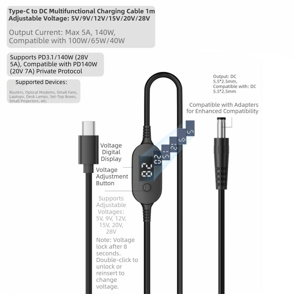 Digitales Display USB C auf DC 5525 Konverter 5V/9V/12V/15V/20V mit 28/34 Anschlussspitzen Typ-C zu DC Stromkabel