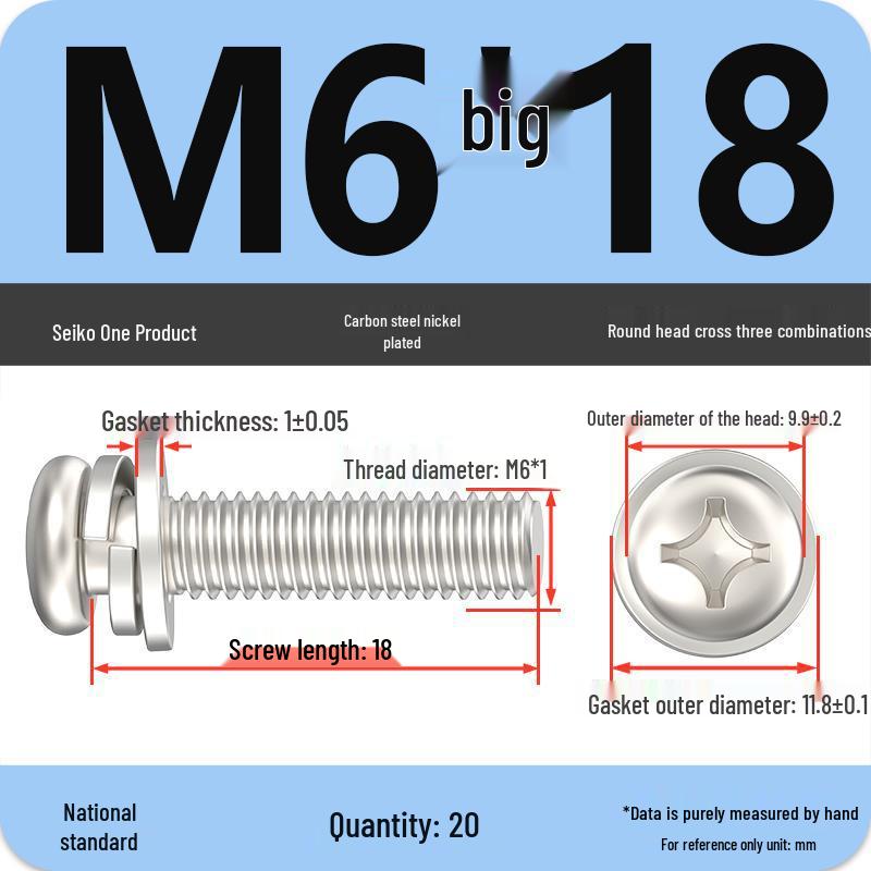 Nickel-Plated Phillips Pan Head Screw with Washer, M2-M6 Thread