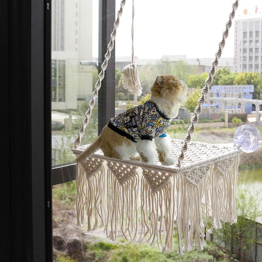 Cat Window Perch Hammock Space Saving Resting Seat Premium Boho Soft Cushion Sturdy Indoor Pet
