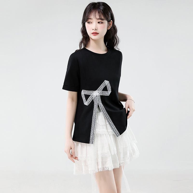 Women's Irregular Split Short-Sleeve Tee, Summer 2025, Loose Fit for Petite, Bowknot Design