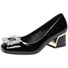 French single shoes new autumn soft leather square head square buckle rhinestone thick heel temperament high heels