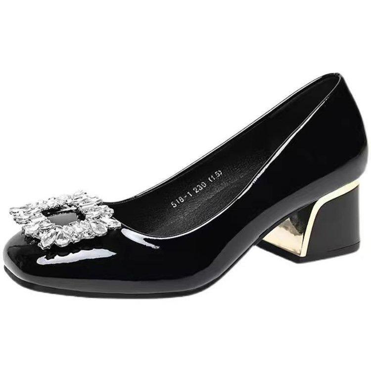 French single shoes new autumn soft leather square head square buckle rhinestone thick heel temperament high heels