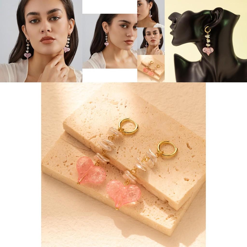 Fashionable Pink Heart Geometric Earrings With Electroplated Finish For Trendy Women