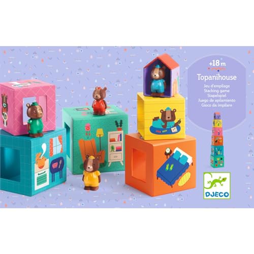 DJECO Tapani House Stacking Toy Blocks, Cubes, Nesting Building Blocks, Numbers, Bears, Animals, Ages 1 Year, 18 Months, 18 Months, 2 Years, 3 Years,