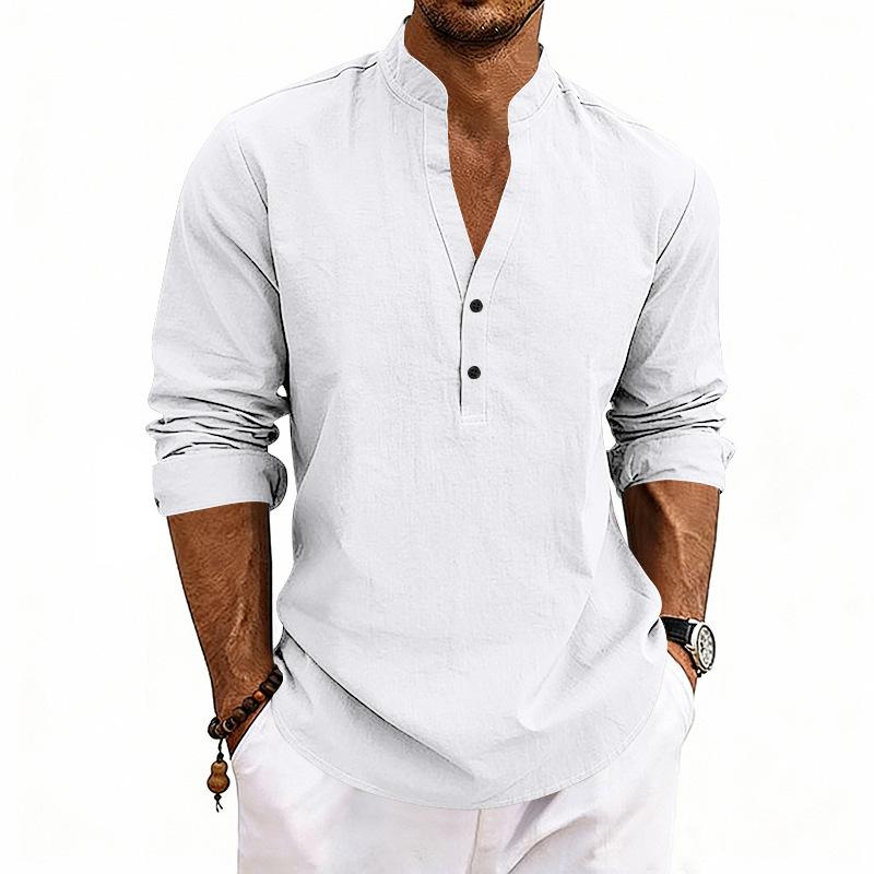 Nueva Colección de Lino de Otoño: Camisa Henley Casual para Hombre, de Corte Holgado y Transpirable, con Cuello en V