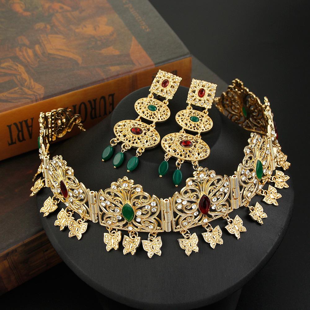 

Шикарные украшения для волос золотого цвета, цепочка на лоб, свадебная корона для невесты, цепочка для волос с бабочкой, аксессуары красный/зелёный