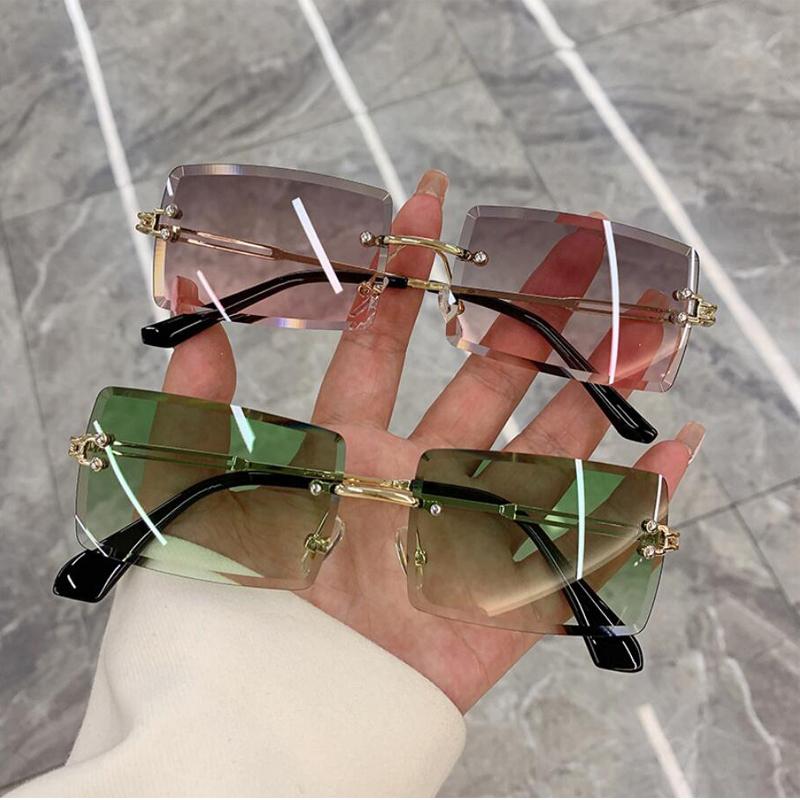 Fashion Rimless Rectangle Sunglasses Women Men Alloy Trendy Brand Small Square Sun Glasses Gradient Black Lens Shades UV400