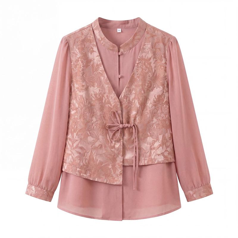 Stylish Summer Faux Two-Piece Silk Top for Middle-aged Women