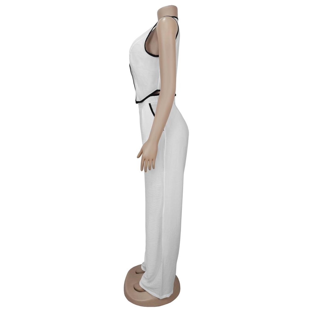 Women's Casual V-neck Button Top & Trousers Two-piece Set - New Fashion Europe/America