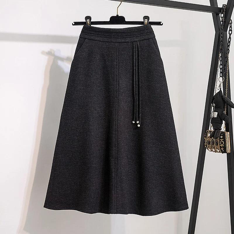 Plus Size High Waist Midi A- Line Skirt for Plus Size Women In Woolen Fabric Vintage Style Mid Autumn Winter