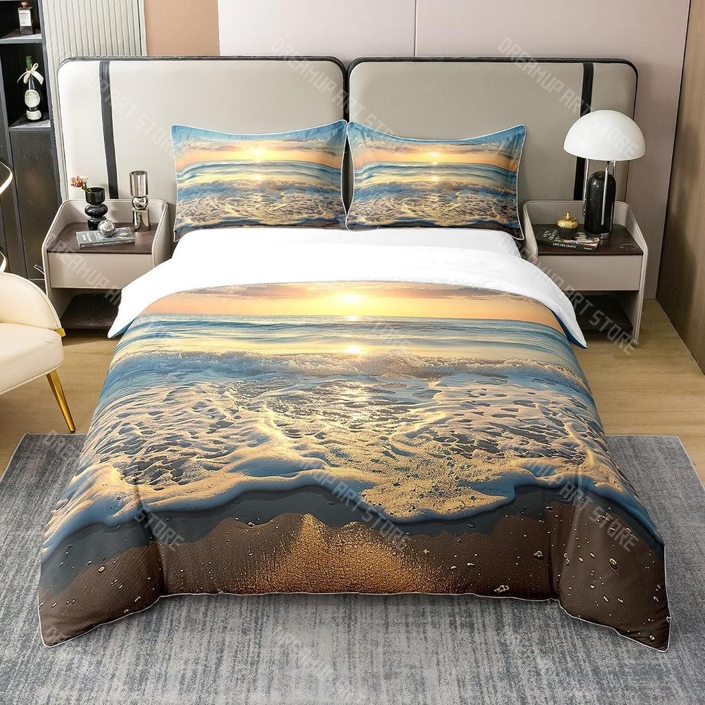 Bettwäsche-Set mit Strandthema King Queen Größe Ozeanwelle Sonnenuntergang Bettbezug Küsten-Nautik-Bettdeckenbezug Meereslandschaft Bettdeckenbezug