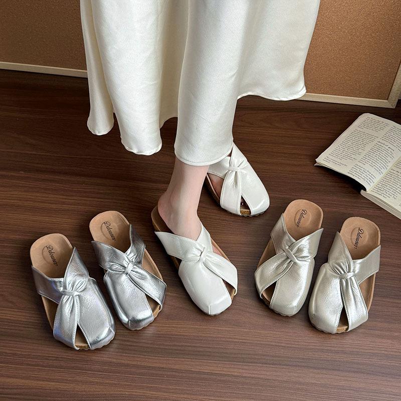 Baotou Half Slippers Women's Fashion 2025 New Summer Soft Leather Flat Bottom Soft Sole Temperament One Foot Cool Slippers Women's Shoes