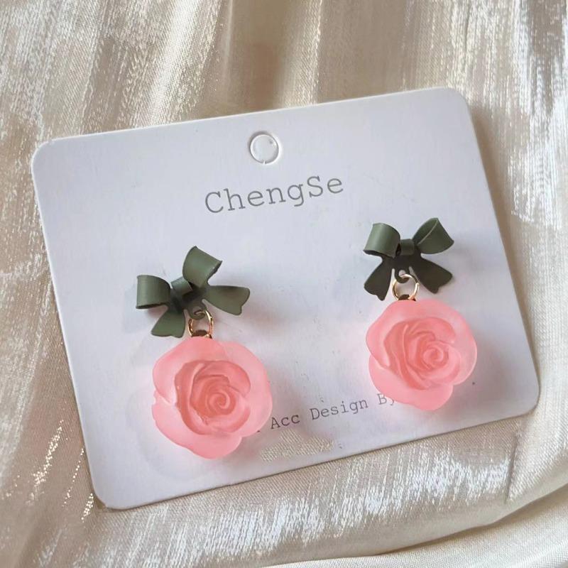 Acrylic Pink Flower Dangle Earrings for Women Sweet Cute Green Bow Knot Drop Earrings Party Sweet Fashion Jewelry