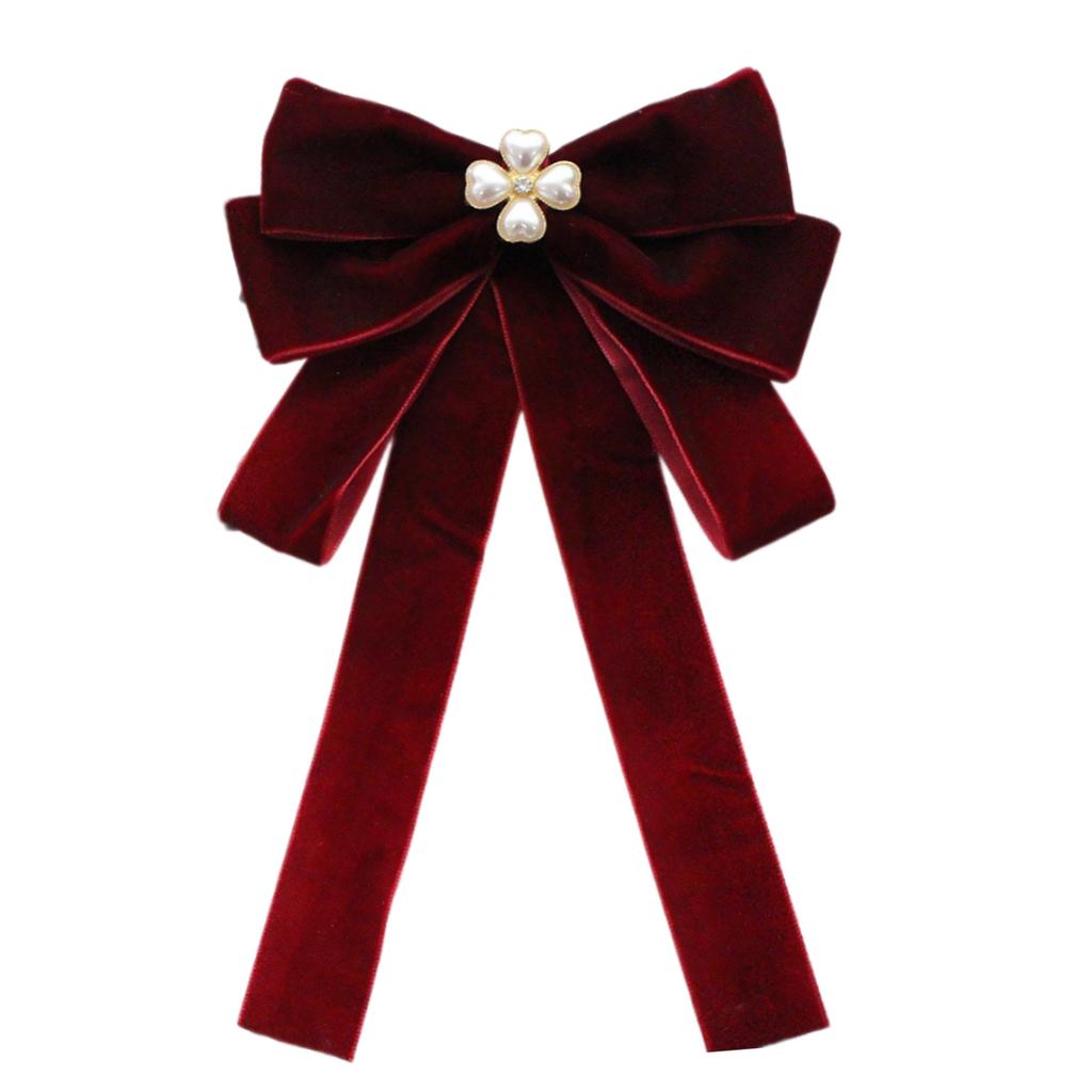 Elegant Women's Velvets Bows Tie Brooch Pin Pre Tied Bowknot Necktie with Rhinestones and Pearls Decors for Formal Event