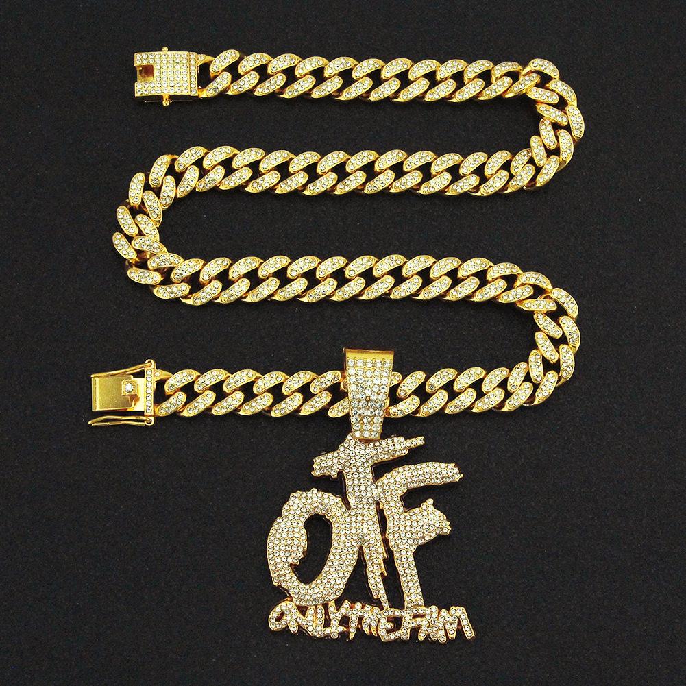 Creative Splicing Full Diamond Letter Pendant Cuban Necklace, European and American Hip-hop Hipster Hip-hop Dress Up Long Men's Necklace