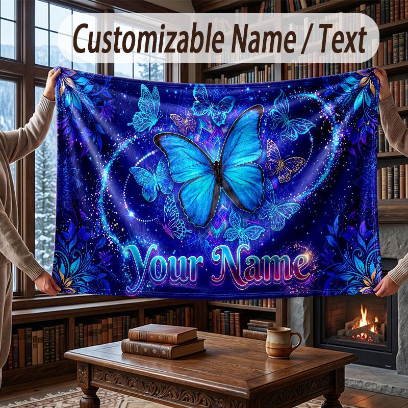 Butterfly Theme Throw Blanket Custom Name Text Personalized Blanket Soft Cozy Blanket for Home Sofa Bed