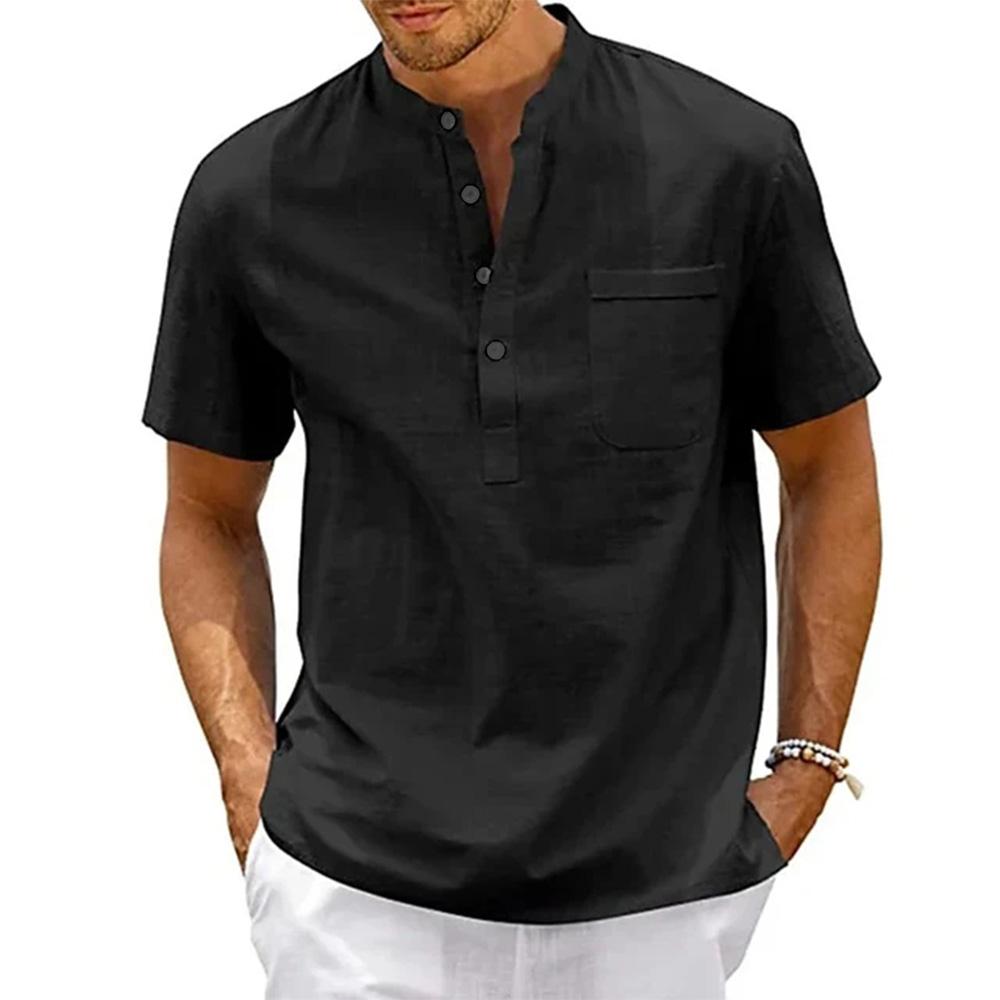 Men's Summer Shirt Cotton-Linen Stand Collar Short Sleeve Pullover