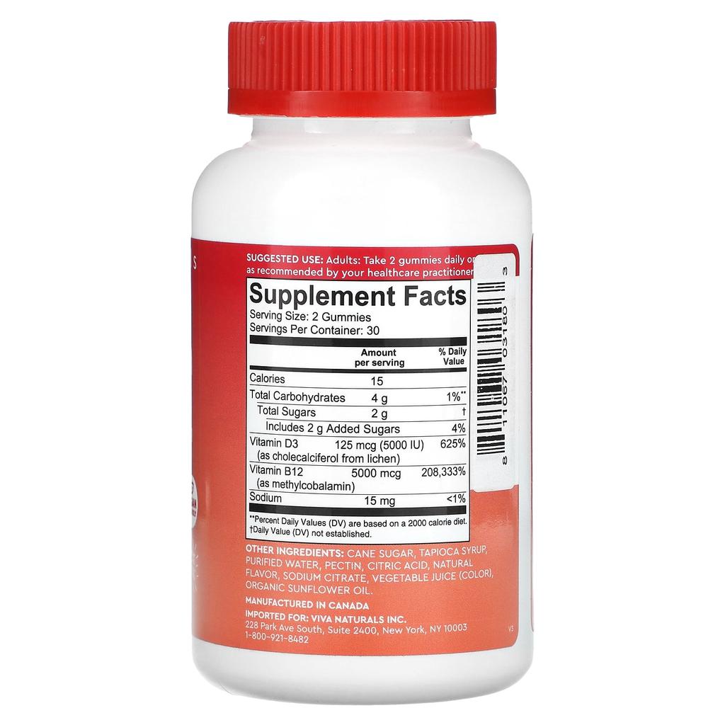 Viva Naturals Witamina D3 + B12, poncz owocowy, 60 żelków