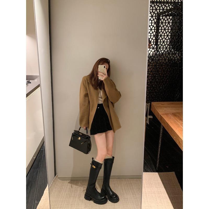 Skinny Boots~ Small Gold Buckle Diagonal Thick Bottom Velvet Medium and High Boots Female Knight Boots