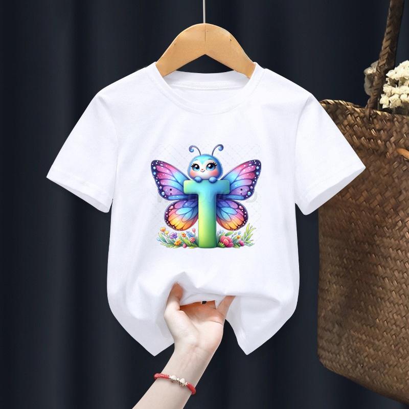 

Alphabet Design Girl T-shirt Outfits Watercolor Butterfly Flower Letters T-shirts for Toddler Girl Initials Floral Top 140