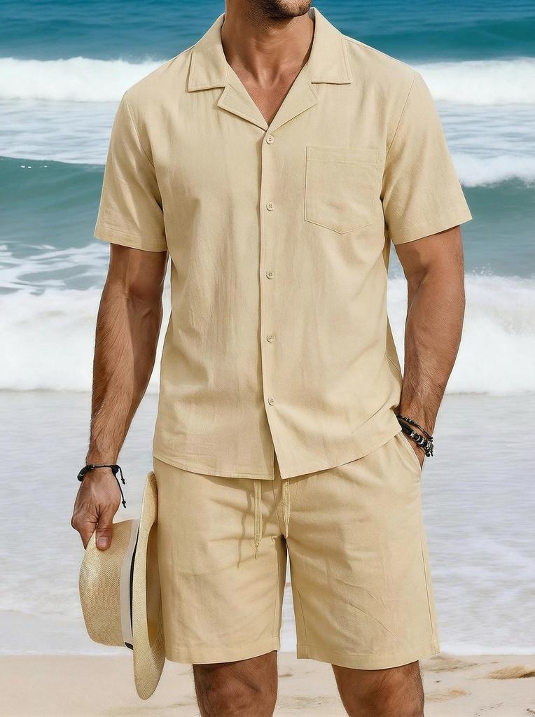 Mens Casual Loose Breathable Short Sleeve Shirt And Shorts Beach Set