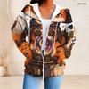 Women Plus Size Zip Up Hoodie Cute Bat Cat Pumpkin Floral Bow Print Long Sleeve Casual Hooded Sweatshirt