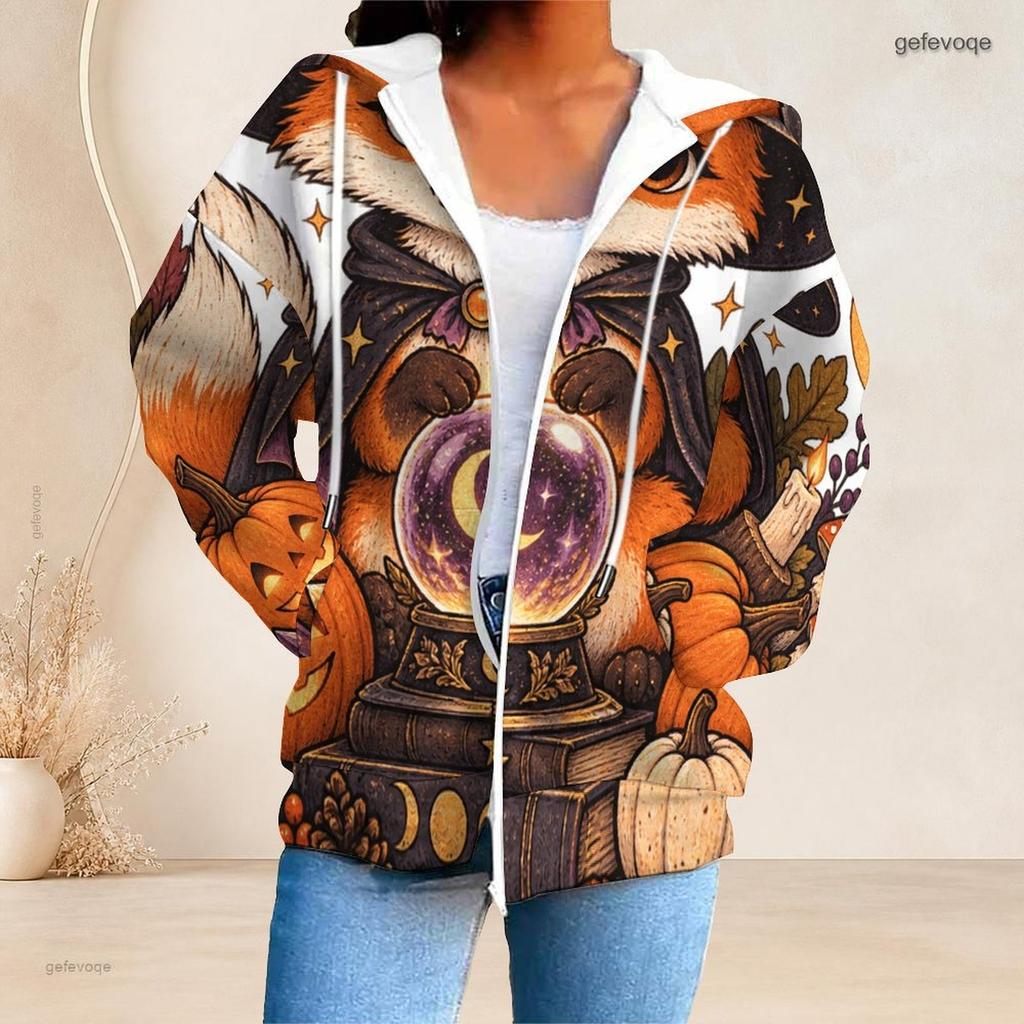 Women Plus Size Zip Up Hoodie Cute Bat Cat Pumpkin Floral Bow Print Long Sleeve Casual Hooded Sweatshirt