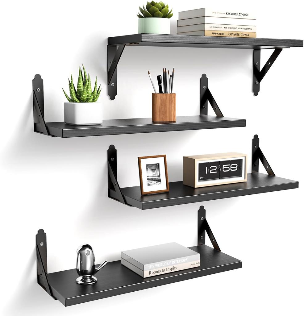 Wood Floating Shelves Set of 4, Rustic Storage Decor Wall Shelves, Wall Mounted Shelf for Living Room, Bedroom 17" X 6", Black