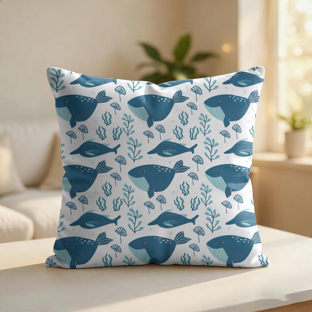 Blue Whales Pattern Cushion Cover Silky Short Plush Invisible Zipper Dustproof Sofa Pillow Case For Home Decor