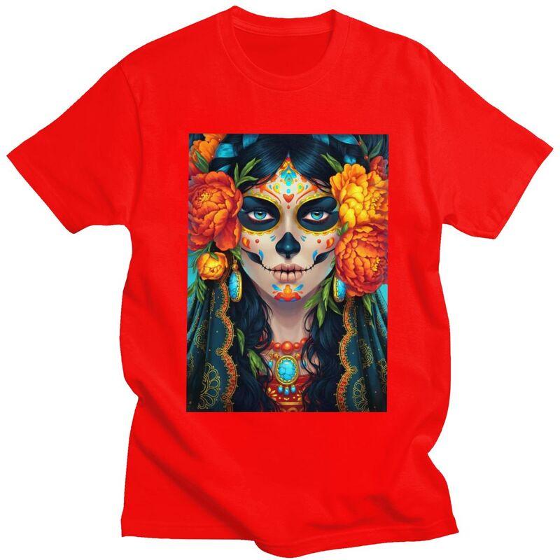 Individuelles Mexikanisches Catrina Zuckerschädel Dame T-Shirt für Herren Reines Baumwoll-T-Shirt Mode-Tee Kurzarm-T-Shirts Schlanke Passform