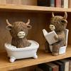 Highland Cow Bathroom Figurine Funny Scottish Cattle Sitting On Toilet Statue Resin Calf Bathing Sculpture for Home Kitchen Office Tiered Tray Table