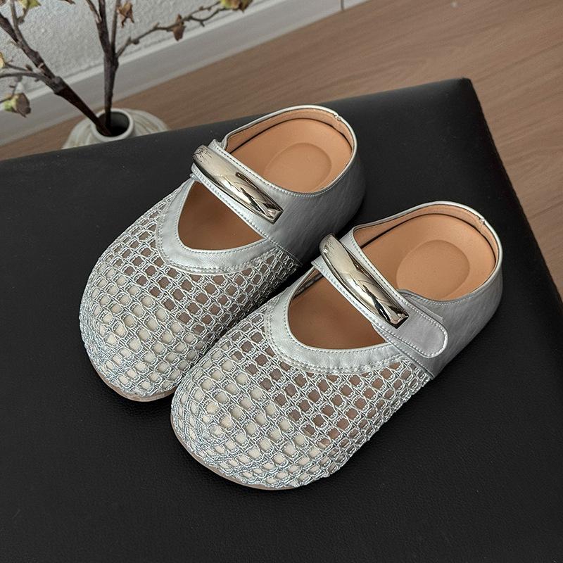

Thick bottom inner height increase one pedal Velcro bag head half slippers women s summer outer wear hollow 2025 new cool slippers 35 серебряный