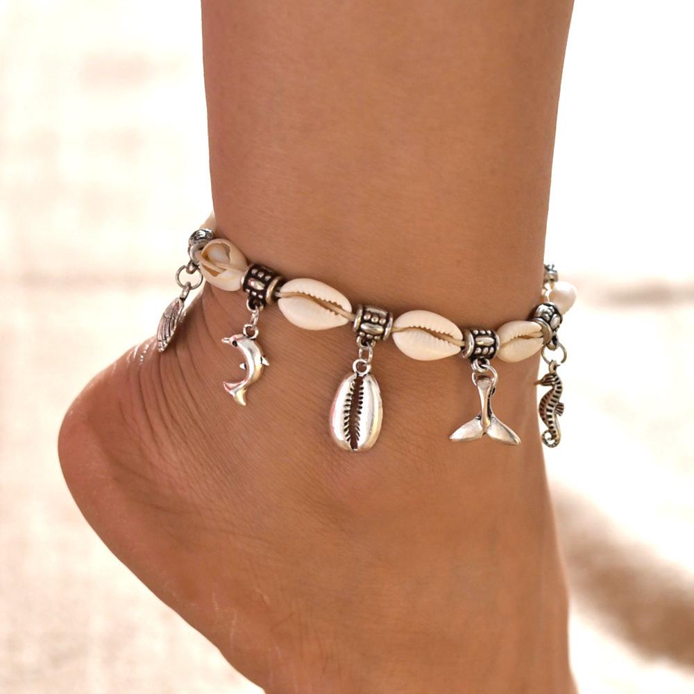 Vintage Ankle Bracelets For Women Silver Color Shells Conch Charm Boho Chain On Leg Barefoot Jewelry