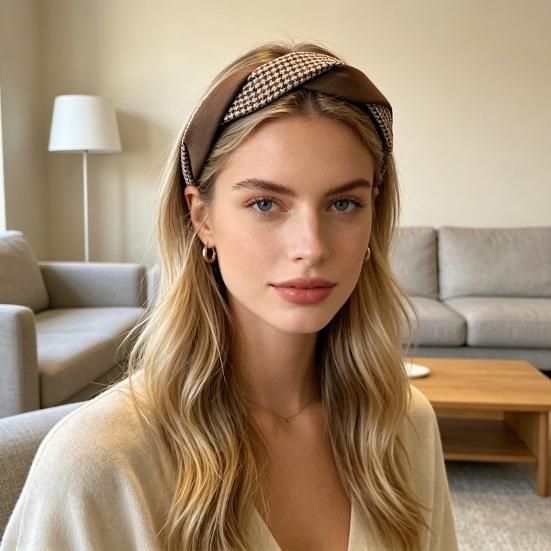 Women Headband Anti-Slip Teeth Plaid Twist Design Soft Fabric Hair Hoop Wide-Brimmed Long Wear Hair Accessory