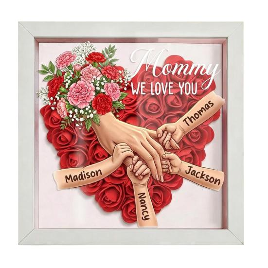 Personalisierte Mommy Ich Liebe Dich Blume Schattenbox Benutzerdefinierte Namen Händchen haltend Rahmen Geschenke für Mama Oma von Tochter oder Sohn am Muttertag