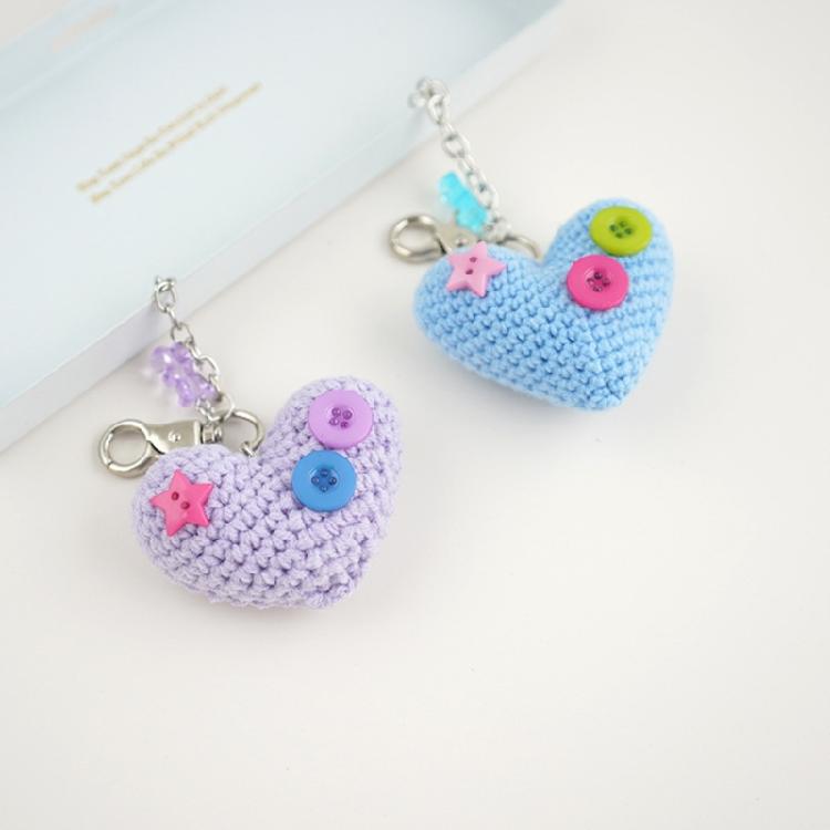 Handmade Knitted Keychain Handwoven Heart with Button Bowknot Pendant Keyring