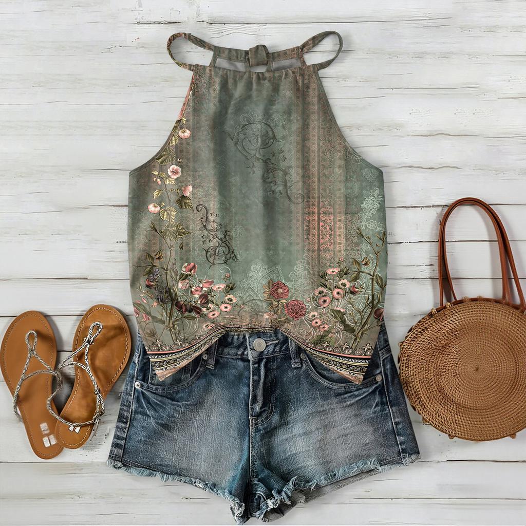 Women’s Sleeveless Bohemian Floral Print Neck Tank Top with Relaxed Fit and Lightweight Fabric for Daily Wear and Layering